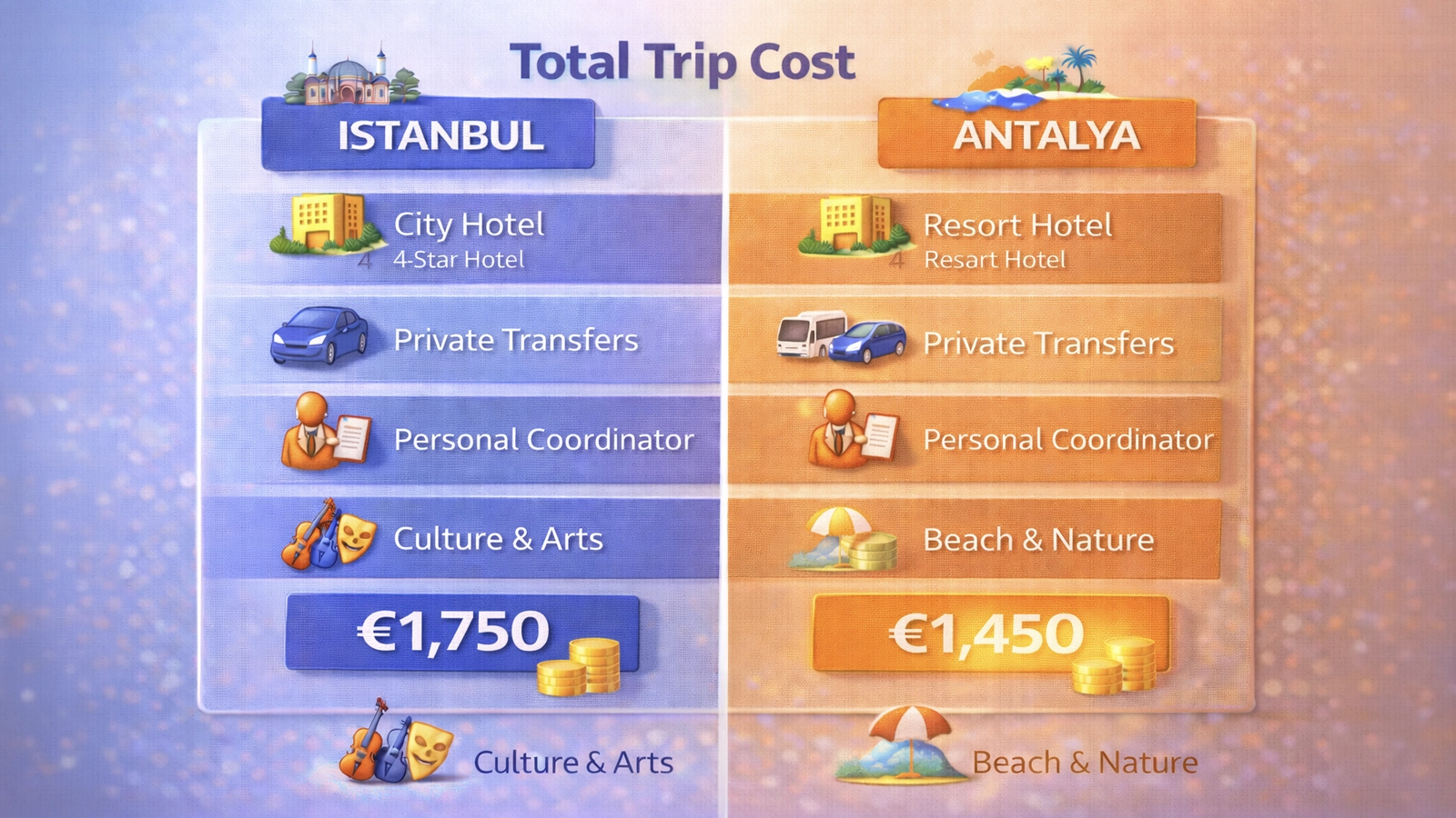 Istanbul versus Antalya total trip cost visual for Hollywood Smile treatment